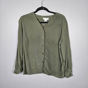 Liz Claiborne Womens 10P Silk Button Front Blouse V Neck Petite Olive Green